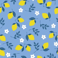 Simple citrus pattern. Ripe lemons . blue leaves and white flowers . Blue background. Fashionable print for textiles, wallpaper and packaging.