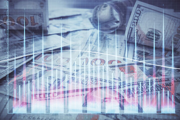 Multi exposure of forex chart drawing over us dollars bill background. Concept of financial success markets.