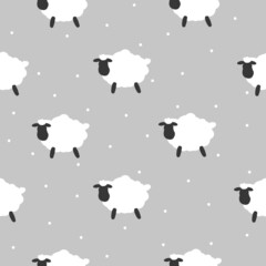 Simple sheep pattern. cute white sheep and dots . grey background. Fashionable print for children's textiles, wallpaper and packaging.