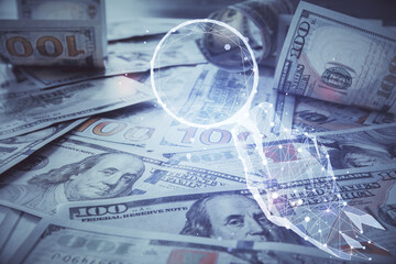 Double exposure of startup drawing over usa dollars bill background. Young business concept.