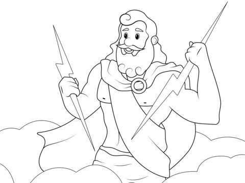 God, Zeus in the sky with lightning in his hand. Page outline of cartoon. Vector illustration, coloring book for kids.