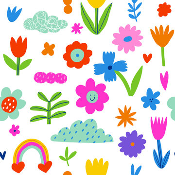 Seamless pattern with hippie aesthetic. Spring mood. Vector Hand drawn background for design and card, covers, package, wrapping paper.