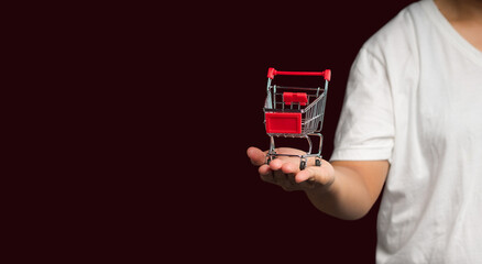 Empty red mini shopping trolley on the palm people over a red background
