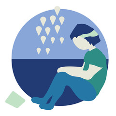 Boy sitting sad alone in the rain. He is not in a good mental health