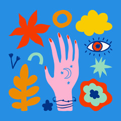 Trendy vector set of abstract pieces. Spring bloom. Hand drawn modern forms for card, print on clothes. Creative collage.