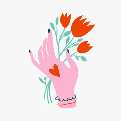 Human hand with a flower. Hand drawn modern forms for card, print on clothes. Trendy poster.
