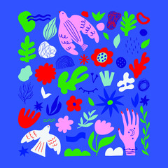 Trendy vector set of abstract pieces. Spring bloom. Hand drawn modern forms for card, print on clothes. Creative collage.