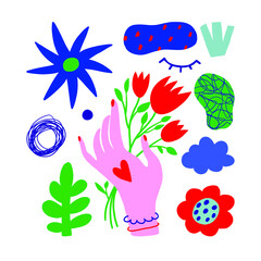 Trendy vector set of abstract pieces. Spring bloom. Hand drawn modern forms for card, print on clothes. Creative collage.