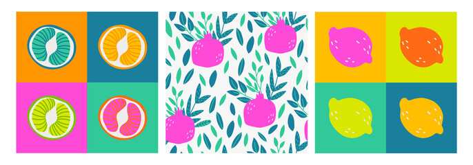 Seamless pattern set with fruits. Vector Hand drawn background for design and card, covers, package, wrapping paper.  