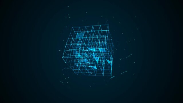 Graphic neon animated symbol of squares, rhomb, dot, line. Glass fragment. Maze icon. Design randomly rotating Rubik's Cube. Blue glow. Weightlessness. Space. Background logo, technology, business. 4k