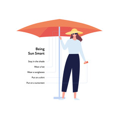 Summer skin care and sunscreen protection concept. Vector flat healthcare illustration. Woman in hat with umbrella. Text of sun screen protection methods.