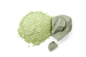 Green cosmetic clay in pieces and powder - top view