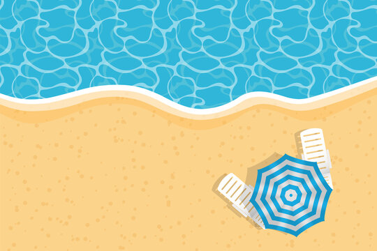 Summer vacation. Blue sun lounger on the beach. Beautiful seascape Banner Nautical holiday Vector illustration.
