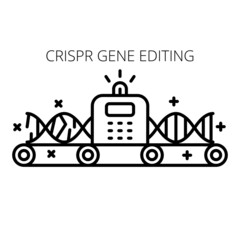 CRISPR gene editing concept line icon. Crisper genetic engineering technique for genome modifying, gene therapy, repair, fix. DNA molecule on assembly line, black and white vector illustration