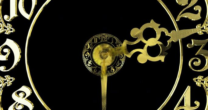 Classic gold dial endlessly moving towards the camera.The arrows describe a full circle . It symbolizes the infinity of time.On black background. 3D render