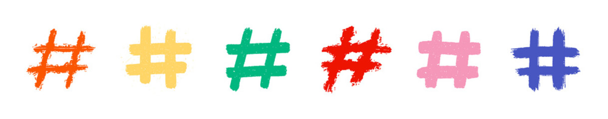 Hashtags, vector ink painted tag icons on white background. Hand Drawn vector illustration.