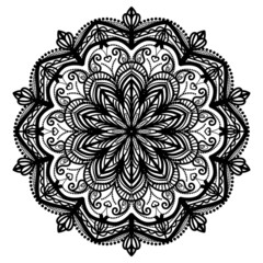 black color mandala illustration on white background .