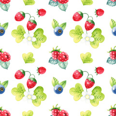 Watercolor strawberry, blueberry and raspberry seamless pattern, berry background.