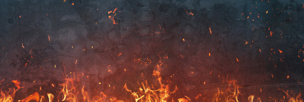 3d rendering of grunge wall with blazing fire