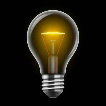 Incandescent Light Bulb On A Black Background. Old Style Glowing Lightbulb Realistic Vector Illustration.