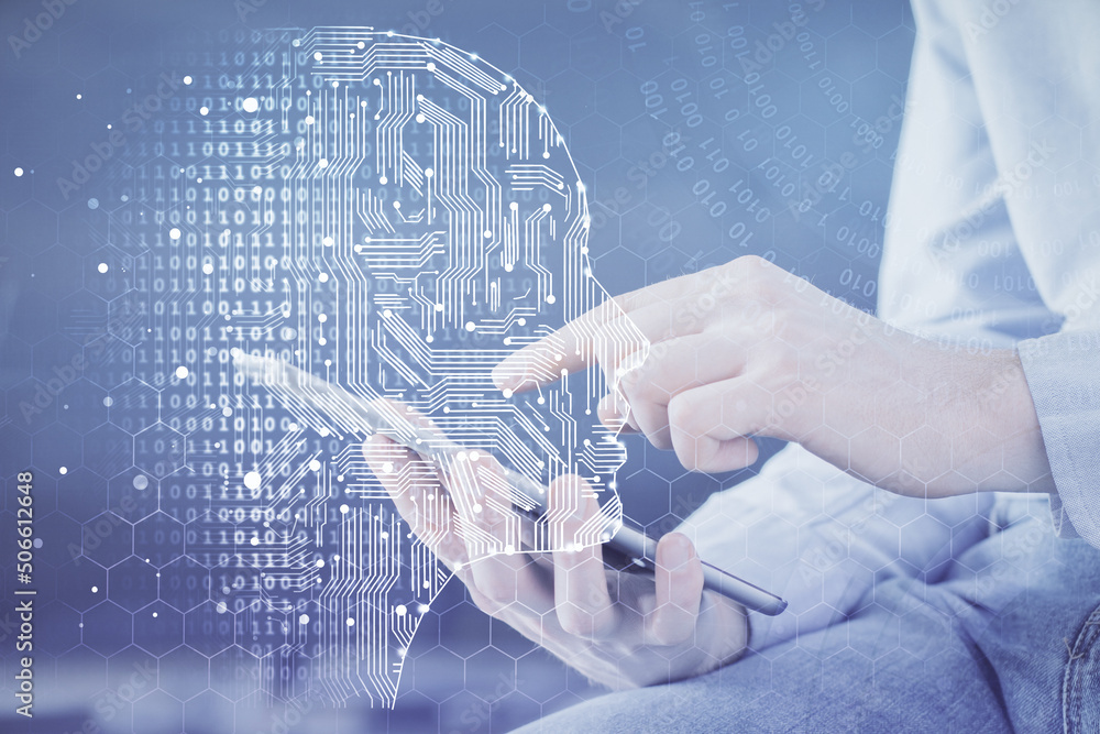 Poster Double exposure of man's hand holding and using a digital device and brain hologram drawing. Data concept.