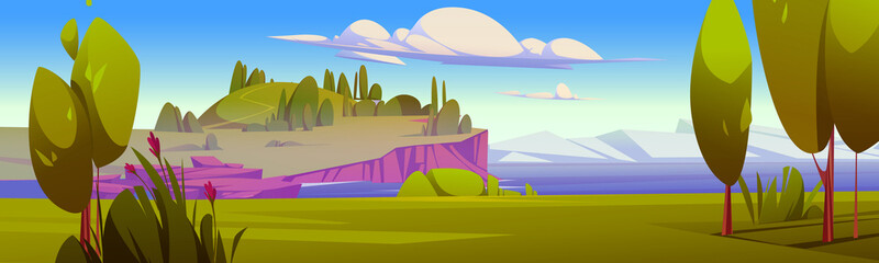 Naklejka premium Summer mediterranean landscape with sea shore, island with hill and mountains on horizon. Vector cartoon illustration of sea harbor, green grass and trees on coast