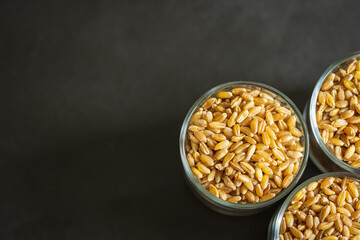 wheat grain inside glass jar storage container overhead view