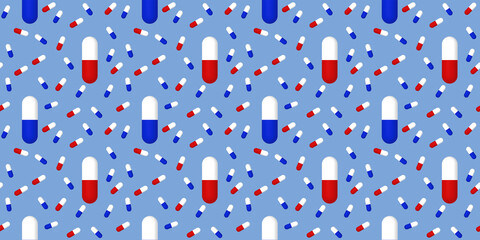 Drawing of images of medical capsules on blue background. Template for applying to surface. medicine. pattern. Banner for insertion into site. 3D rendering. 3D image
