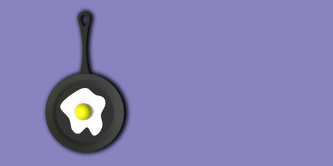 a fried egg in frying pan on pastel blue purple backgrounds. view from above of hot device. chicken egg is grilled. Banner for insertion into site. 3D image. 3D rendering.