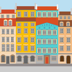 Naklejka premium Old Town market square with colorful house facades, Warsaw, north Europe. Vector Illustration