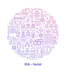 Set icons, ESG social concept. Icons arranged in a circle shape with a heading at the bottom. Gradient. Vector illustration isolated on a white background.