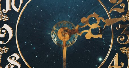 Classic gold dial endlessly moving towards the camera.The arrows describe a full circle . It symbolizes the infinity of time. Against the background of space and stars. 3D render