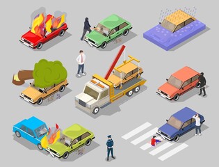 Car accident isolated vector isometric 3d set