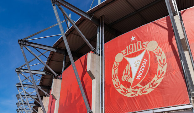 Ł&oacute;dź, Poland - May 1, 2022: A picture of the Widzew Ł&oacute;dź football club logo on the facade of its stadium.