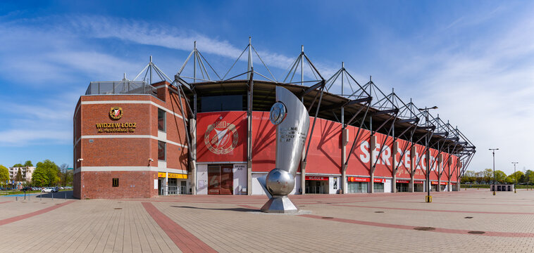 Ł&oacute;dź, Poland - May 1, 2022: A picture of the Widzew Ł&oacute;dź Stadium and its silver sculpture commemorating the football club's successes.
