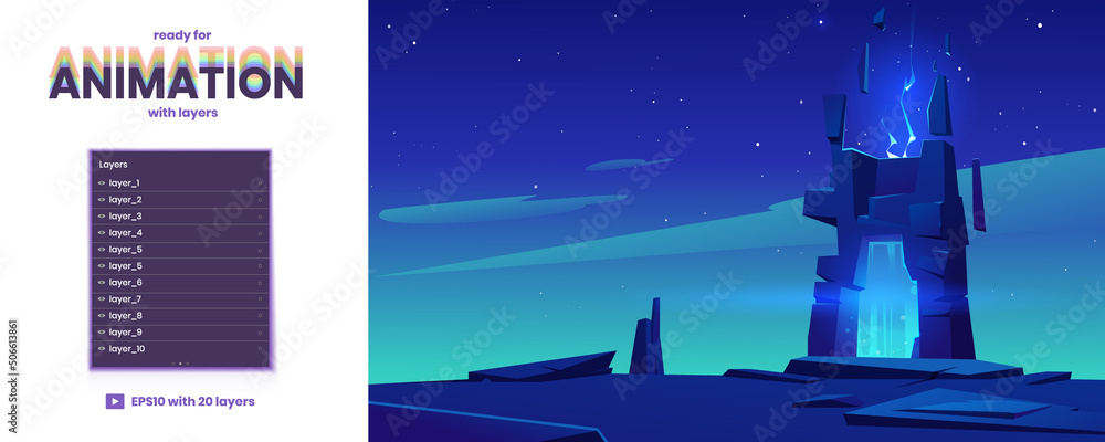 Poster magic portal in stone frame on rock ledge at night. vector parallax background ready for 2d animatio