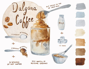 Watercolor hand drawn recipe of dalgona coffee