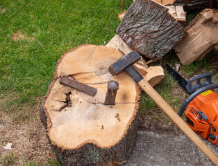Forstwirtschaft Holzspalten mit Keil und Hammer