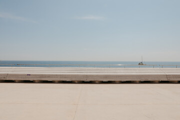 Empty beach view. Sunny weather and Mediterranean sea. Mock-up.