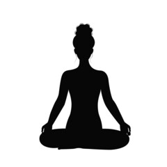 Silhouette girl sitting in lotus position isolated vector illustration. Woman doing yoga black shadow. Abstract human female image in relaxation