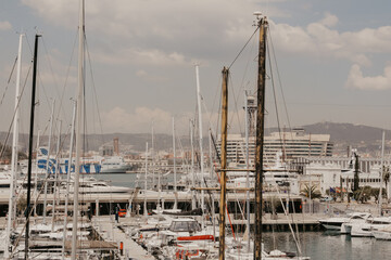 Close-up view of yacht port in the Mediterranean city. Mock-up.