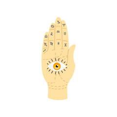 Palmistry icon. Cartoon illustration of a hand with all seeing eye isolated on a white background. Сhiromancy concept. Vector 10 EPS.