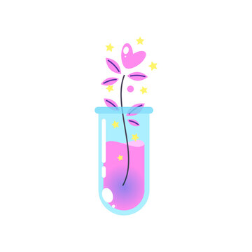 Magic jar icon. Cartoon illustration of a test tube with potion and mystery flower isolated on a white background. Vector 10 EPS.