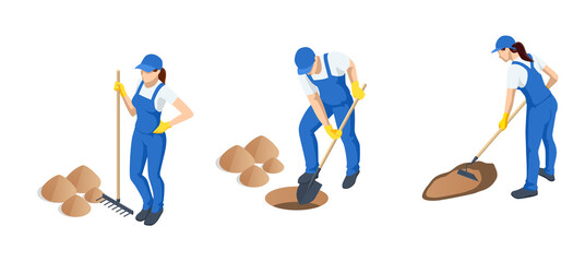 Isometric gardeners, farmers and workers caring for the garden, growing agricultural products. Worker digs the black soil with shovel in the vegetable garden © Golden Sikorka