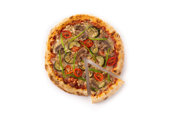 Vegetarian pizza with zucchini, tomato, peppers and mushrooms isolated on white background