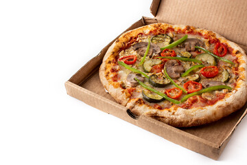 Vegetarian pizza with zucchini, tomato, peppers and mushrooms in to packaged isolated on white background
