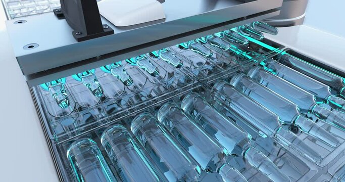 Pharmaceutical manufacturing line. Cardboard automatic factory packaging machine for packaging ampoules with vaccine and medicines. 3D looped video. Warm shades filter.
