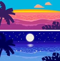 夕暮れのビーチと夜のビーチの背景イラスト