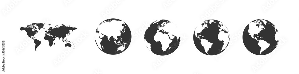 Poster earth globe collection. set of black earth globes with map. world map icons in flat design. earth gl