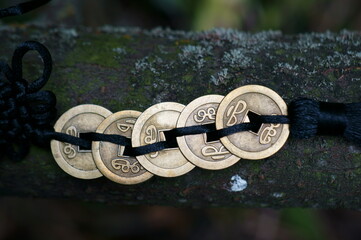 A bunch of Chinese coins in close-up. A symbol of prosperity and wealth. Green shade.